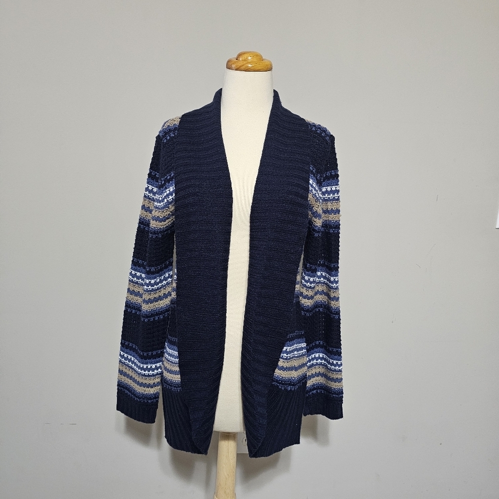 Jason Maxwell Open Front Cardigan Navy Striped Knit Sweater Size L